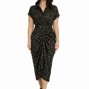 Steve Madden Leopard Midi Dress Size 4 Ruched Button Front Animal Print
